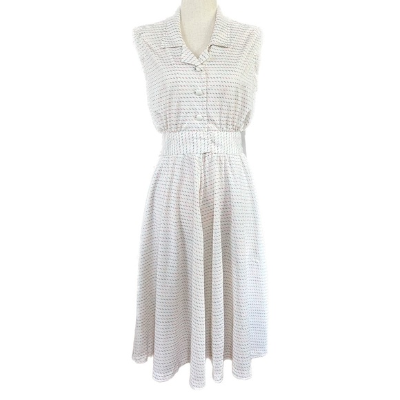 Dresses & Skirts - VINTAGE 1970s Cream & Rainbow Striped Sleeveless Day Dress with Pockets Small